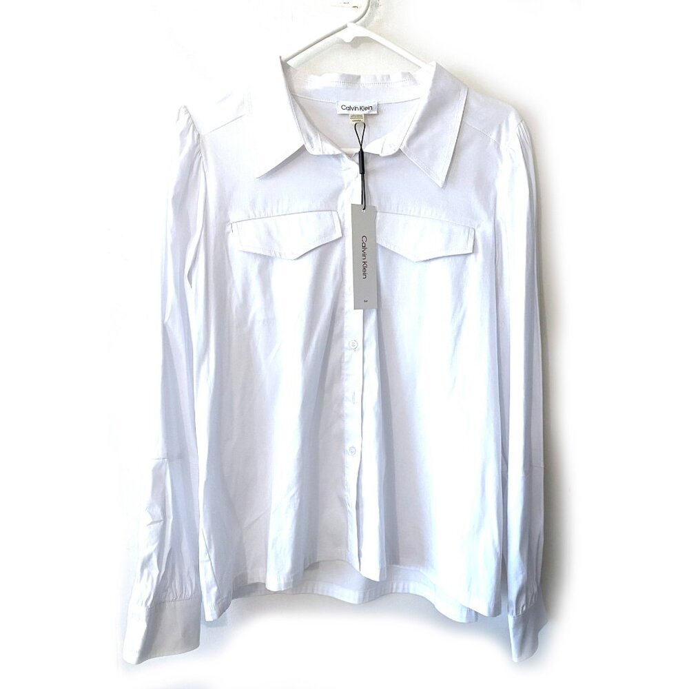 NWT CALVIN KLEIN Ladies Utility Long Sleeve Shirt, Off-White, Size M